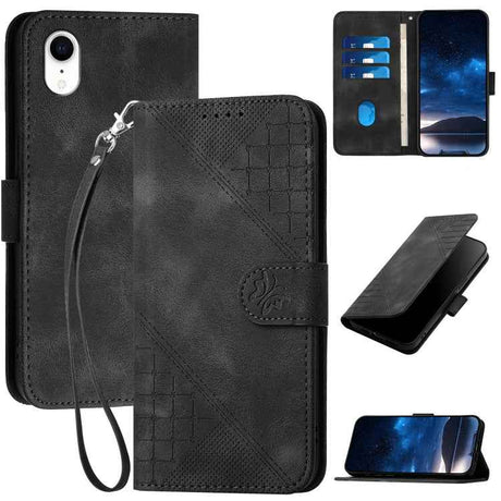 YX0080 Grid Butterfly Embossed Pattern Flip Leather Phone Case with Lanyard