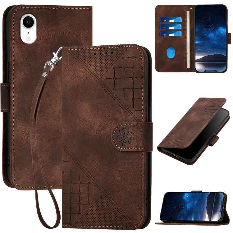 YX0080 Grid Butterfly Embossed Pattern Flip Leather Phone Case with Lanyard