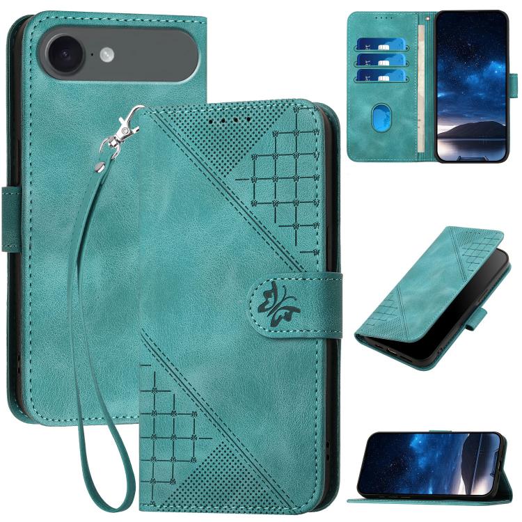 YX0080 Grid Butterfly Embossed Pattern Flip Leather Phone Case with Lanyard