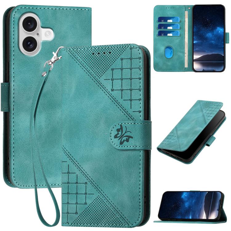 YX0080 Grid Butterfly Embossed Pattern Flip Leather Phone Case with Lanyard