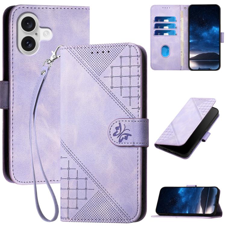 YX0080 Grid Butterfly Embossed Pattern Flip Leather Phone Case with Lanyard