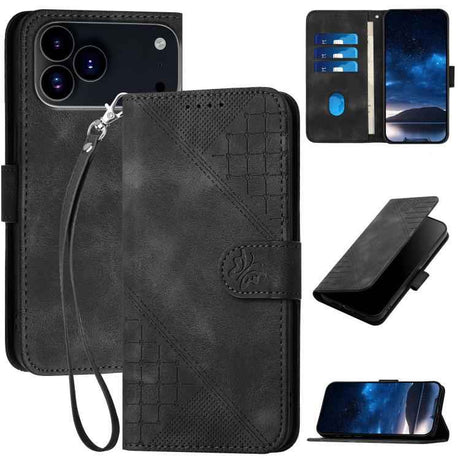 YX0080 Grid Butterfly Embossed Pattern Flip Leather Phone Case with Lanyard