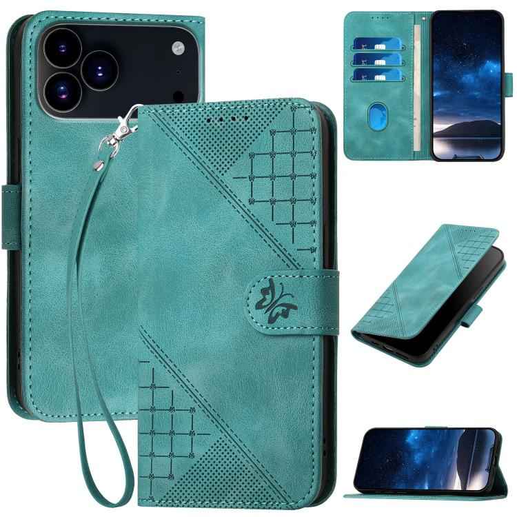 YX0080 Grid Butterfly Embossed Pattern Flip Leather Phone Case with Lanyard