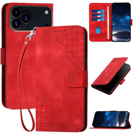 YX0080 Grid Butterfly Embossed Pattern Flip Leather Phone Case with Lanyard