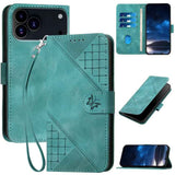YX0080 Grid Butterfly Embossed Pattern Flip Leather Phone Case with Lanyard