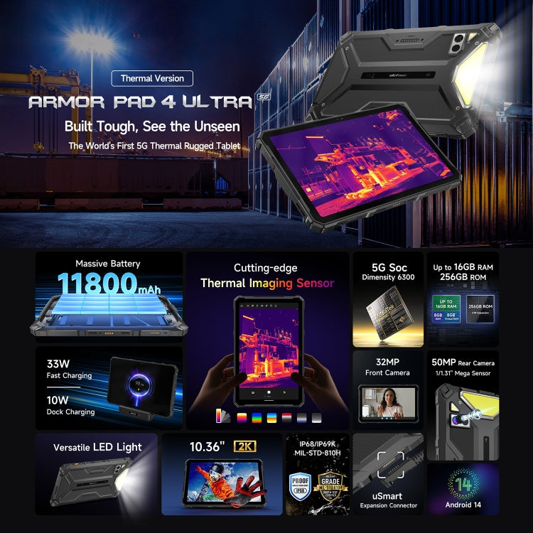 Tableta robusta Ulefone Armor Pad 4 Ultra Thermal Version, 10,36 pulgadas, Android 14, MediaTek Dimensity 6300, ocho núcleos, red 5G, enchufe de la UE
