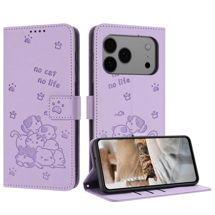 Embossed Kitten Phone Leather Case with Lanyard