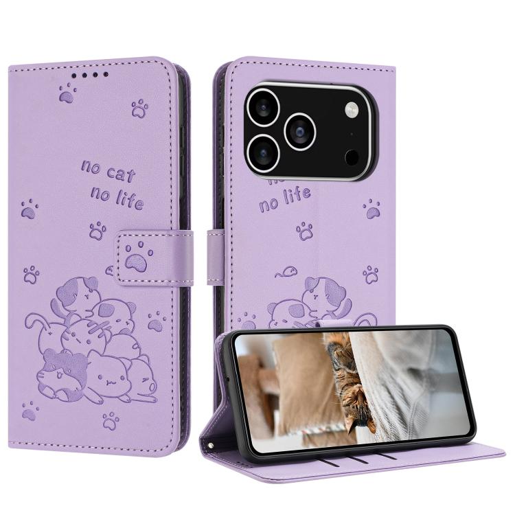 Embossed Kitten Phone Leather Case with Lanyard