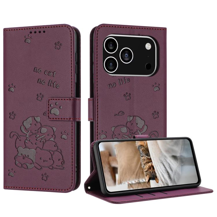 Embossed Kitten Phone Leather Case with Lanyard