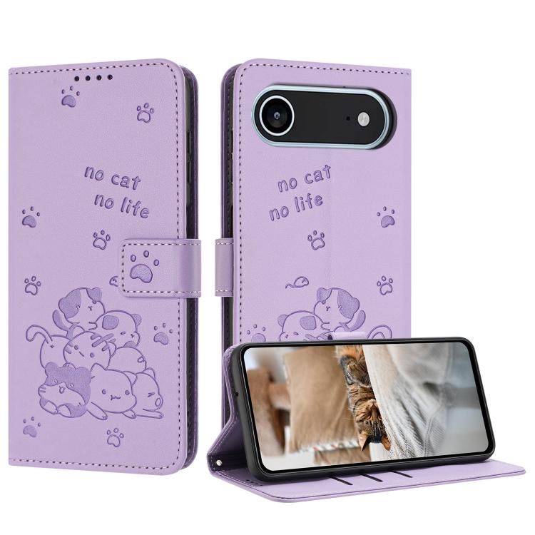 Embossed Kitten Phone Leather Case with Lanyard