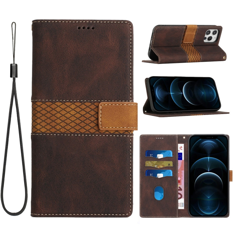 Grid Stitching Leather Phone Case with Lanyard