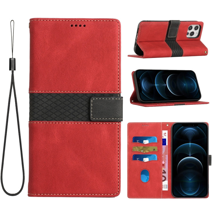 Grid Stitching Leather Phone Case with Lanyard