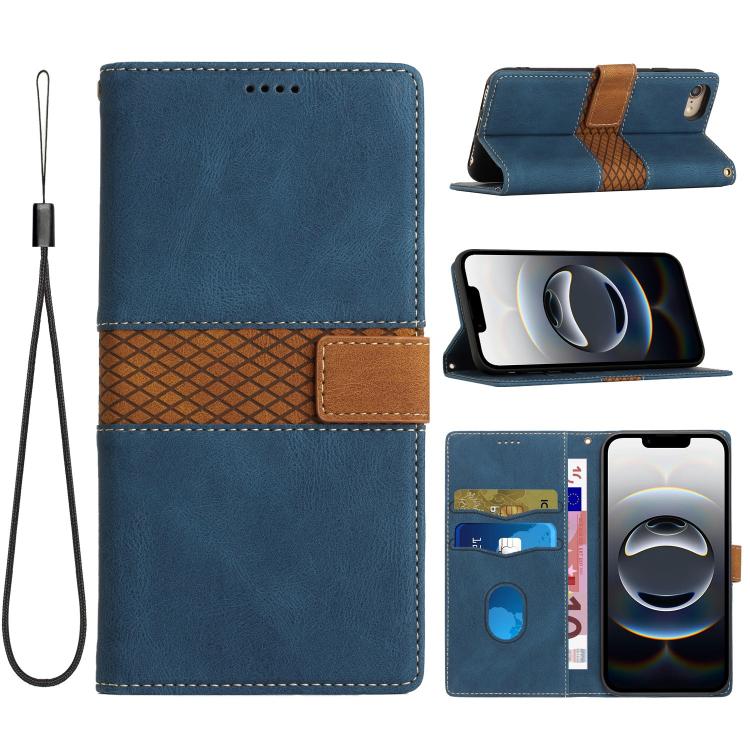 Grid Stitching Leather Phone Case with Lanyard