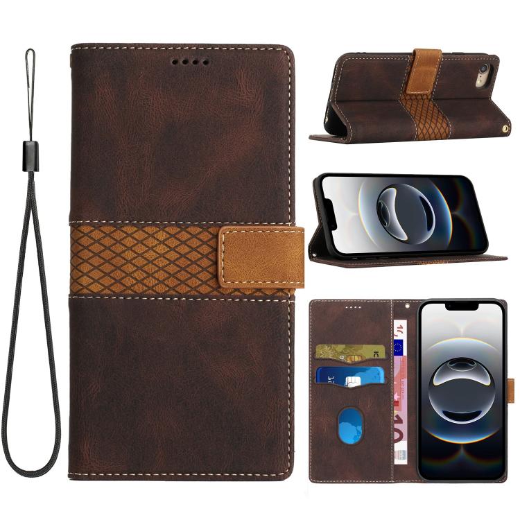 Grid Stitching Leather Phone Case with Lanyard