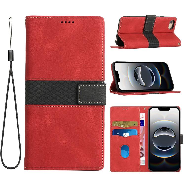 Grid Stitching Leather Phone Case with Lanyard