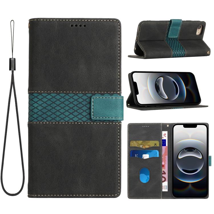 Grid Stitching Leather Phone Case with Lanyard