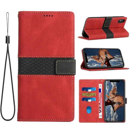 Grid Stitching Leather Phone Case with Lanyard
