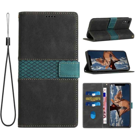 Grid Stitching Leather Phone Case with Lanyard