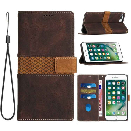 Grid Stitching Leather Phone Case with Lanyard