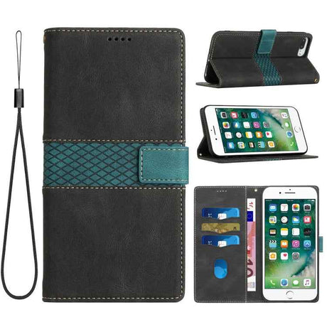 Grid Stitching Leather Phone Case with Lanyard