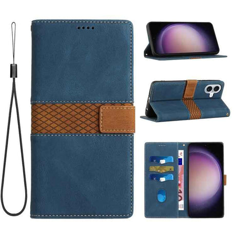 Grid Stitching Leather Phone Case with Lanyard