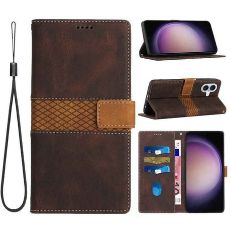 Grid Stitching Leather Phone Case with Lanyard