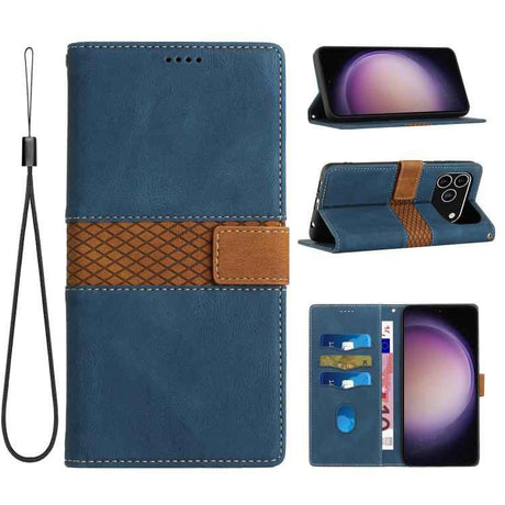 Grid Stitching Leather Phone Case with Lanyard
