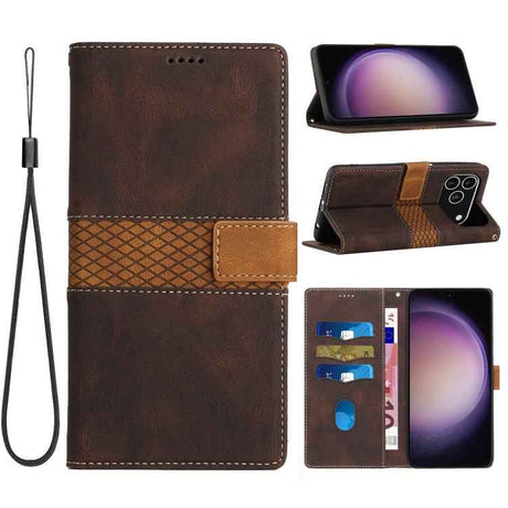 Grid Stitching Leather Phone Case with Lanyard