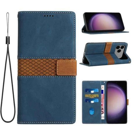 Grid Stitching Leather Phone Case with Lanyard