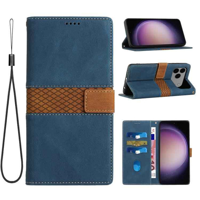 Grid Stitching Leather Phone Case with Lanyard
