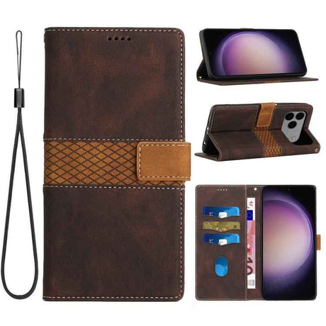 Grid Stitching Leather Phone Case with Lanyard