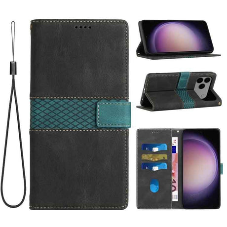 Grid Stitching Leather Phone Case with Lanyard