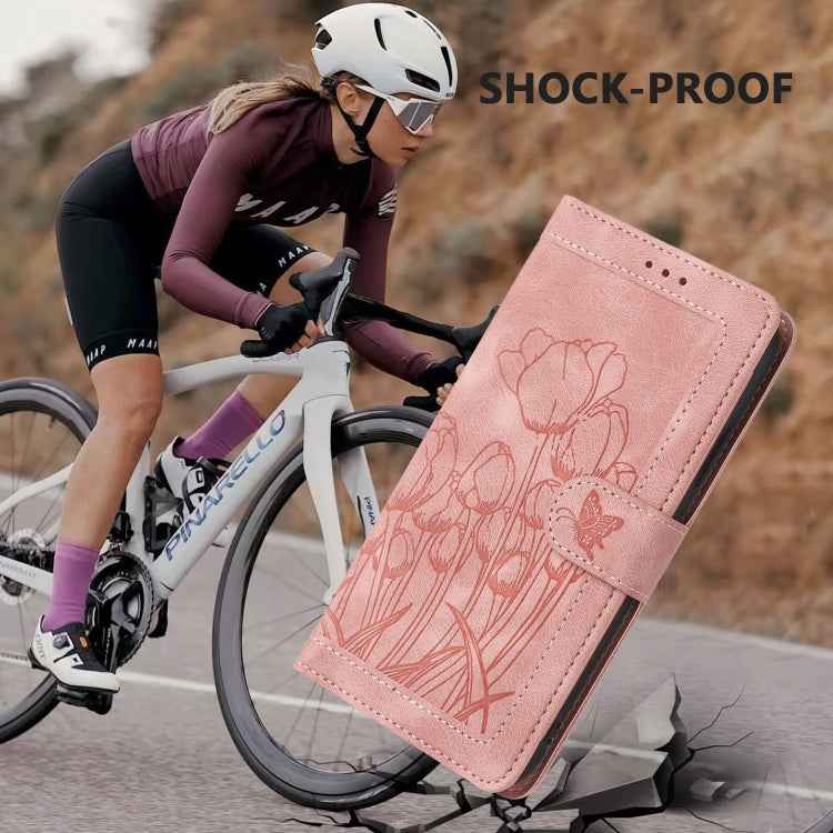 Tulips Embossed Leather Phone Case with Lanyard