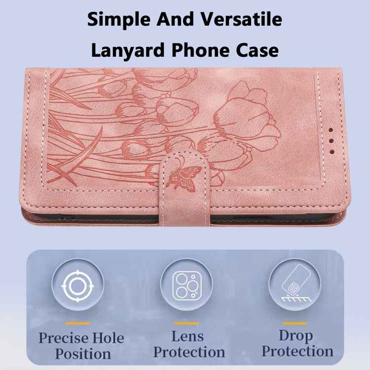Tulips Embossed Leather Phone Case with Lanyard