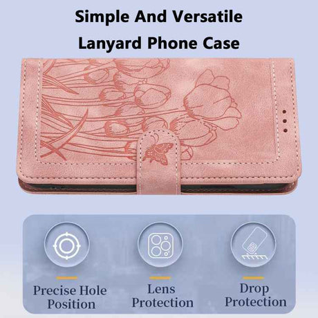 Tulips Embossed Leather Phone Case with Lanyard