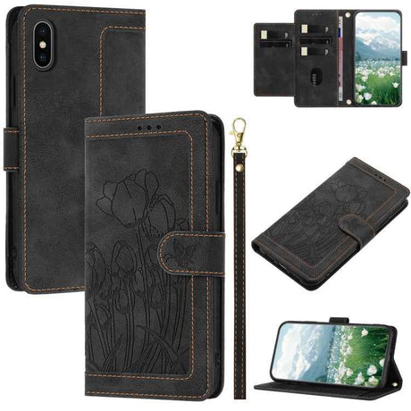 Tulips Embossed Leather Phone Case with Lanyard