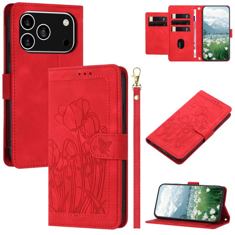 Tulips Embossed Leather Phone Case with Lanyard