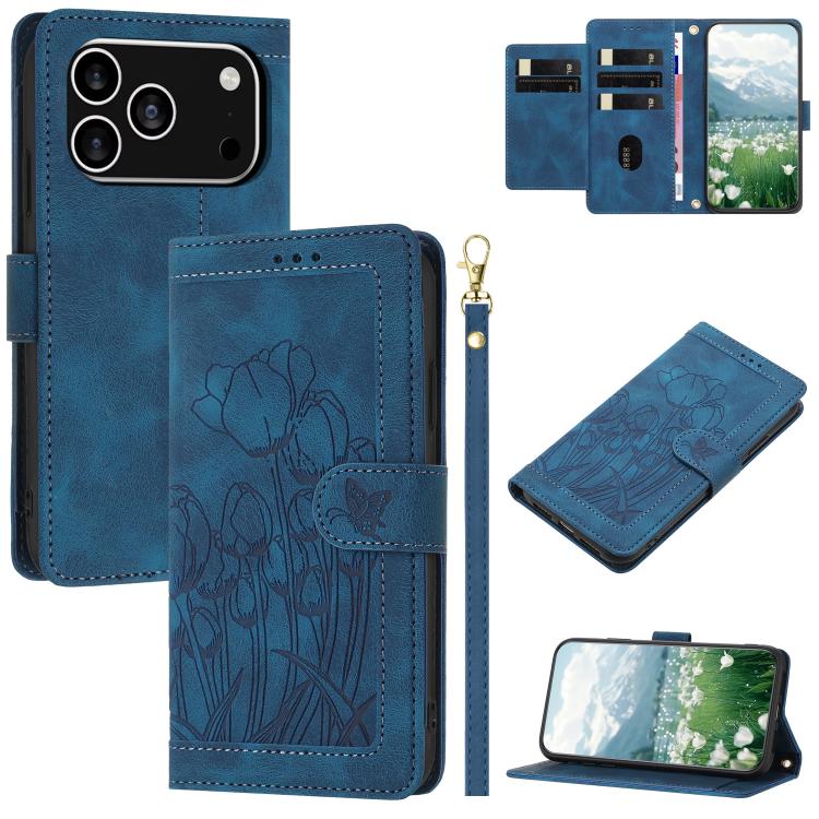 Tulips Embossed Leather Phone Case with Lanyard