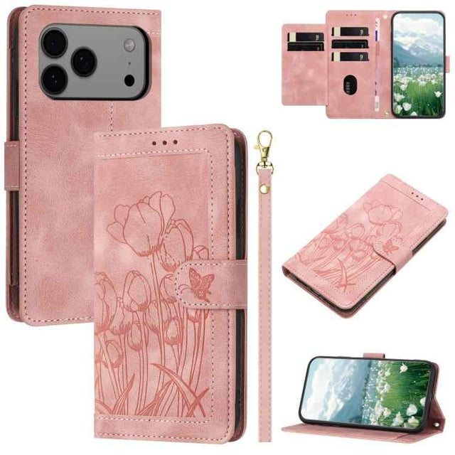Tulips Embossed Leather Phone Case with Lanyard