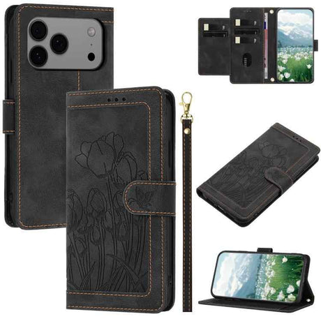 Tulips Embossed Leather Phone Case with Lanyard
