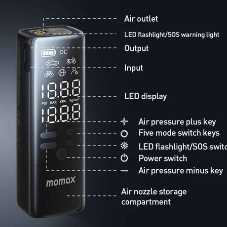 MOMAX CR16D 1-Move Support Car Digital Display Portable Smart Electric Wireless Air Pump