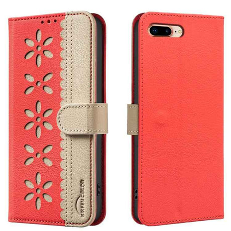 Splicing Color Hollow Flower Pattern RFID Leather Phone Case