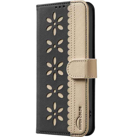 Splicing Color Hollow Flower Pattern RFID Leather Phone Case