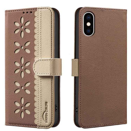 Splicing Color Hollow Flower Pattern RFID Leather Phone Case