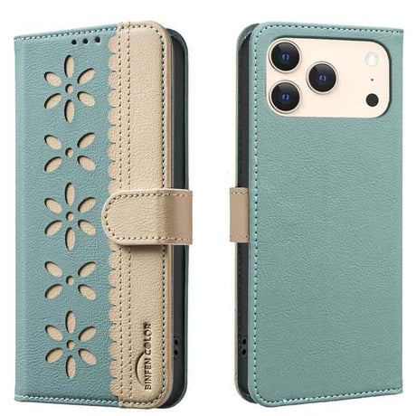 Splicing Color Hollow Flower Pattern RFID Leather Phone Case