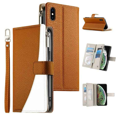Stitching Multi-card Zipper Wallet Leather Phone Case with Short Strap