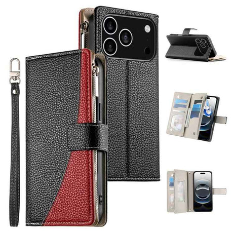 Stitching Multi-card Zipper Wallet Leather Phone Case with Short Strap