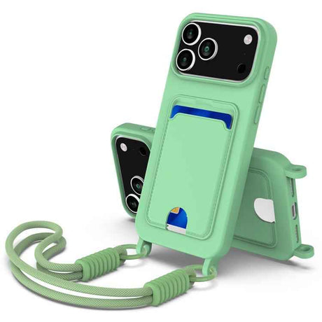 Integrated Card Bag Solid Color Liquid Silicone Phone Case Gen2 with Short Lanyard