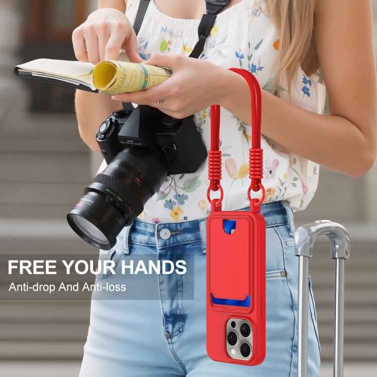 Integrated Card Bag Solid Color Liquid Silicone Phone Case Gen2 with Short Lanyard