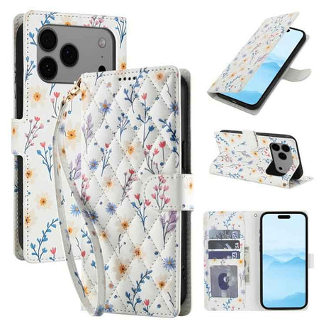 Flower Pattern Buckle Leather Phone Case with Lanyard